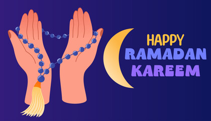 Ramadan Kareem. Islamic greeting card, banner template. Holiday cover. Flat cartoon vector illustration.
