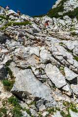 Alta Via 1 hiking trail above Lago di Braies in the Dolomites