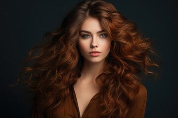 Fototapeta premium Beautiful brunette girl with long wavy hair, beauty portrait