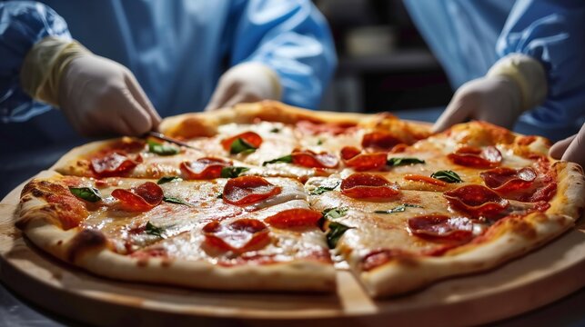 Doctors cutting pizza into pieces close up