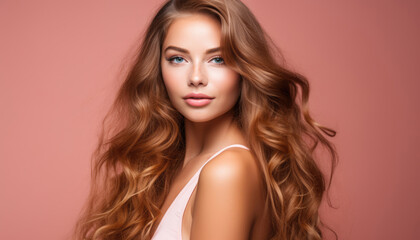 Naklejka premium Beauty portrait of a woman with long healthy hair, hair care concept