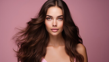 Naklejka premium Beautiful girl with long wavy healthy hair on a pink background