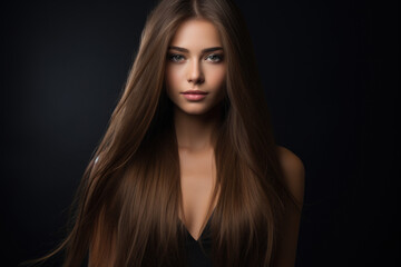 Fototapeta premium Beautiful brunette girl with long, smooth, healthy hair on a dark background