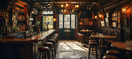 old pub bar scene with chandeliers
