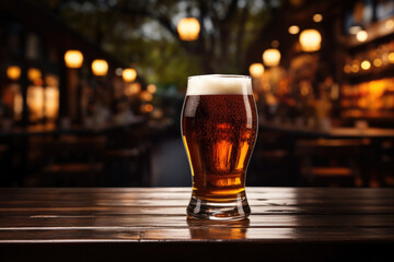 Fototapeta na wymiar Glass of beer on wooden table on blurred bokeh background