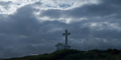 Fototapeta na wymiar Huge cross in a hermitage of the Galician coast in Espasante (Ortigueira, Spain).