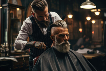 Fototapeta na wymiar Professional barber cutting a man's hair in a barbershop