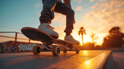 Fotobehang teenager on skatingboard, street photo,ai © Alona