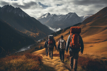 Group of tourists hikers with backpacks walks in mountains