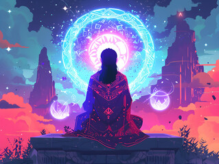 Zen Meditation in Cosmic Dreamland: Vibrant Digital Illustration of Person in Tranquil Pose Against Gradient Sunset Sky - Concept of Inner Peace and Mysticism
