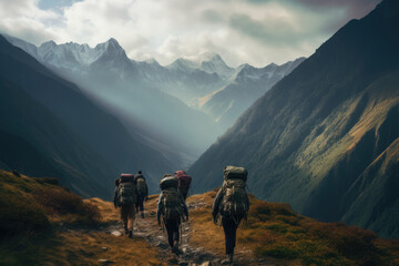 Group of tourists hikers with backpacks walks in mountains - obrazy, fototapety, plakaty