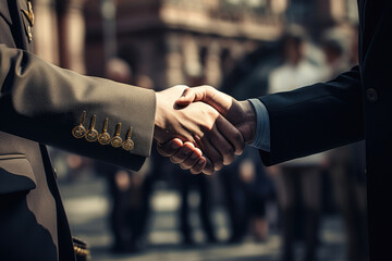 Handshake of a military man and a businessman, close-up - obrazy, fototapety, plakaty