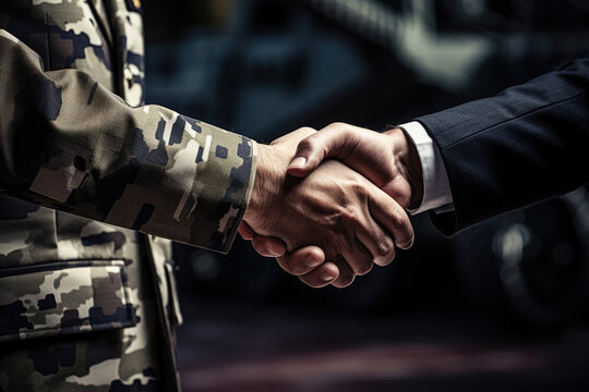 Handshake of a military man and a businessman, close-up