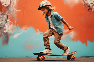 Child on a skateboard against the background of a painted colored wall