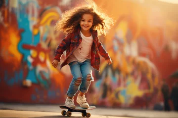 Tuinposter child with skateboard on color wall background © Michael