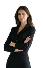 Business woman with elegant manager dress, posing with arms crossed, isolated subject on transparent background
