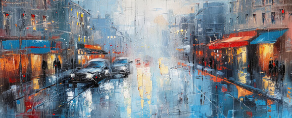 A Painting of a City Street at Night - 729942937