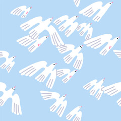 Seamless pattern, birds flock flying. White doves in sky, endless background. Repeating print, winged pigeons in flight, freedom. Printable repeatable flat vector illustration for fabric design