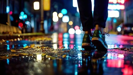 A person wearing dark shoes is walking on a wet street at night. The street has colorful lights reflecting on it and there are leaves on the ground.