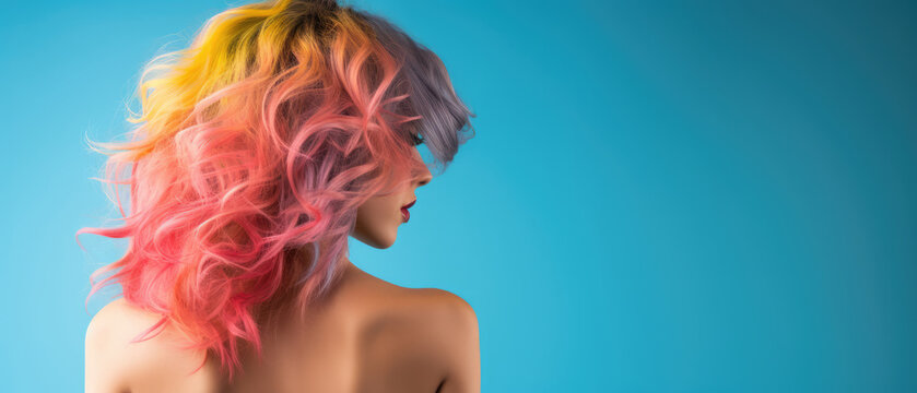 woman with multi-colored hair on a blue background. Copyspace for text