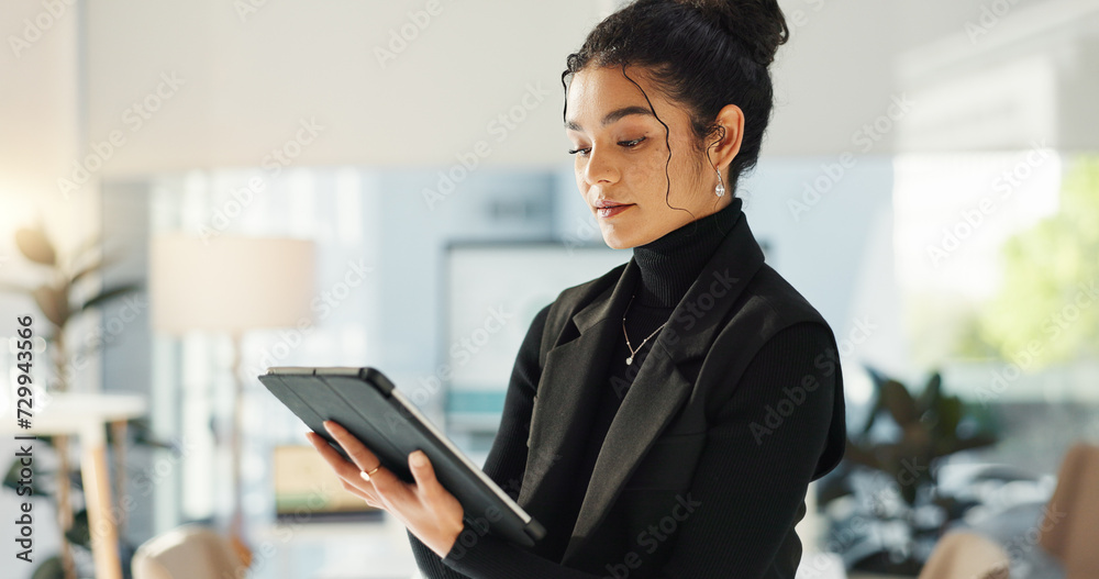 Wall mural Happy businesswoman in office with tablet, email or social media for business feedback, schedule or agenda. Smile, digital app and woman networking online for market research, web review and report.