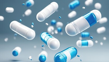 Falling blue and white medicine pill capsules on blue background. Antibiotics