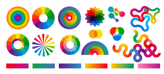 Collection of color theory colorful icons, symbols, elements. Concept graphic design