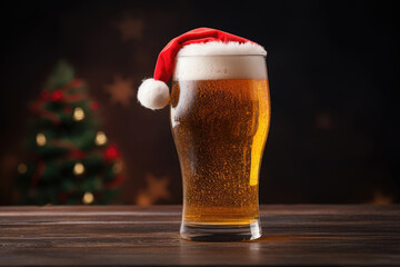 Glass of beer with santa claus hat, new year, christmas concept