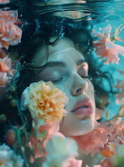 Woman With Flowers in Hair Underwater