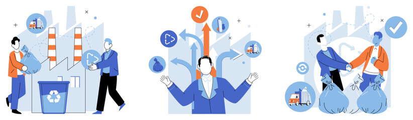 Waste disposal. Vector illustration. It involves optimizing use resources, such as energy, water, and raw materials, to minimize waste generation By embracing sustainable practices and adopting