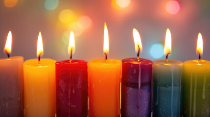 Multicolored candles, standing in perfect harmony, casting a warm glow against a bright backdrop