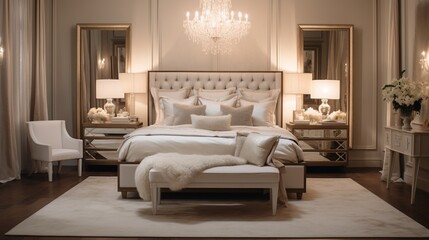 A chic and glamorous bedroom with a mirrored vanity, crystal chandeliers, and luxurious silk bedding