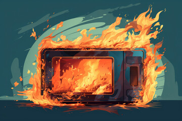 Broken burning microwave oven with fire and smoke in drawing style - obrazy, fototapety, plakaty