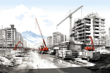 Construction of a house with cranes in a modern city in drawing style