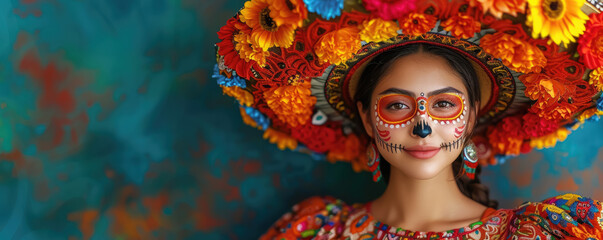 A young woman celebrates Dia de los Muertos with elaborate face paint and a colorful floral headdress, evoking the rich traditions of Mexican culture. - obrazy, fototapety, plakaty