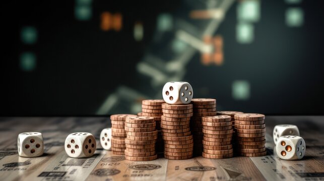 A pile of coins and dice symbolizes uncertainty in decisions in business and finance.