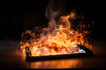 A dramatic scene showing a smartphone engulfed in bright flames and emitting sparks on a wooden surface, illustrating a dangerous overheating situation