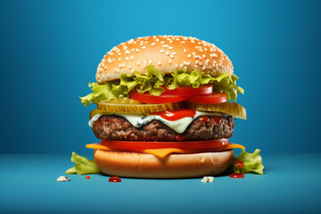 Fresh tasty burger on blue background - obrazy, fototapety, plakaty