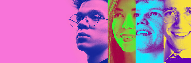 Collage made of portraits of young people, men nd women expressing serious and smiling emotions against multicolored background. Duotone. Concept of youth, diversity, human emotions