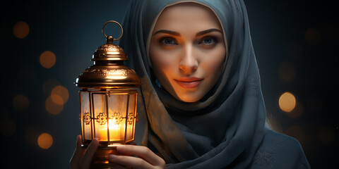 Ramadan banner with woman in shayla holding arabic lantern. Ramadan celebration concept. Shallow depth of field.