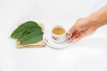 person's hand holding a white cup containing boiled Soursop Leaves or daun sirsak (Annona Muricata L) isolated on White background.whose boiled water is efficacious in curing cancer,anti-bacterial.
