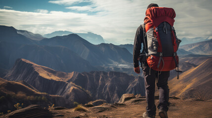 Mountain hiker carrying backpack carriers, view from behind walking on the rocky mountain peaks.