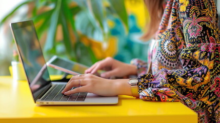 Woman working on laptop, typing on keyboard with digital tablet on yellow desk in office, bohemian syle outfit