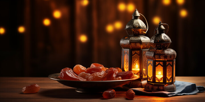 Arabic lanterns and traditional ramadan food on table with copyspace. Ramadan holiday concept.
