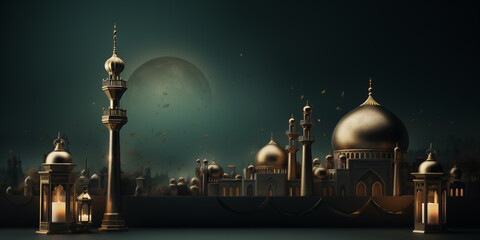 Ramadan banner with lanterns, mosque and copyspace.
