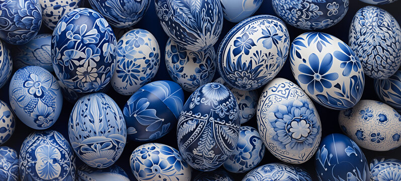 Blue easter eggs painted by hand on a dark background. Easter stylish minimal patterns. Top view, flat lay, copy space for modern, arts and crafts Easter eggs paint
