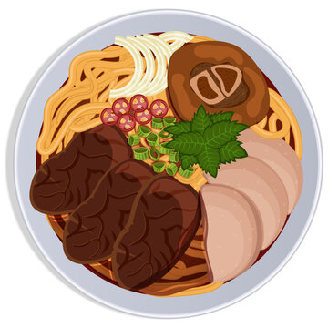Vietnamese Bun Bo Hue Bowl with Beef Shanks, Oxtail, and Pork Sausage - Top View Vector Illustration