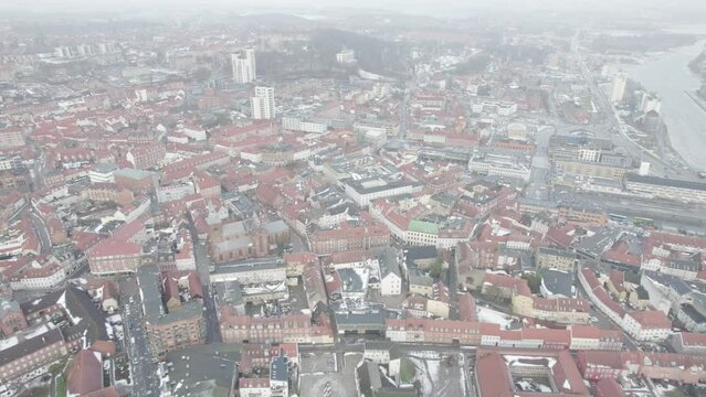 Aerial View Of Randers City On A Misty Day In Jutland Peninsula, Denmark.