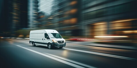 White commercial delivery van on the street with motion blur background