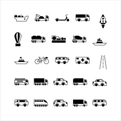 Transportation icon set. filled black icon collection. Containing icons.